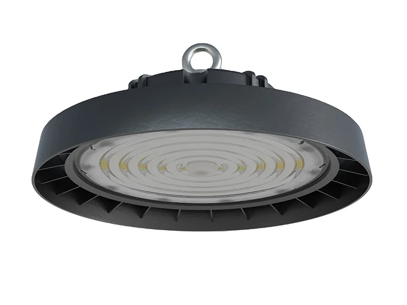 Round industrial high bay luminaire with a finned heat sink and a visible LED array